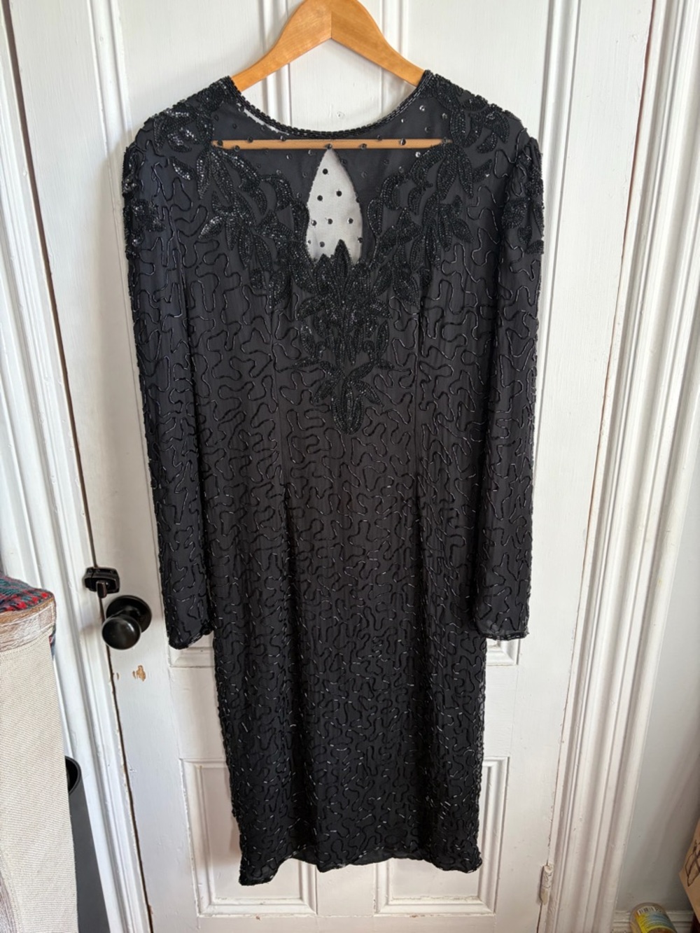 Vintage 80s Black Silk Beaded Cocktail Dress Long Sleeve Made India est M 8/10